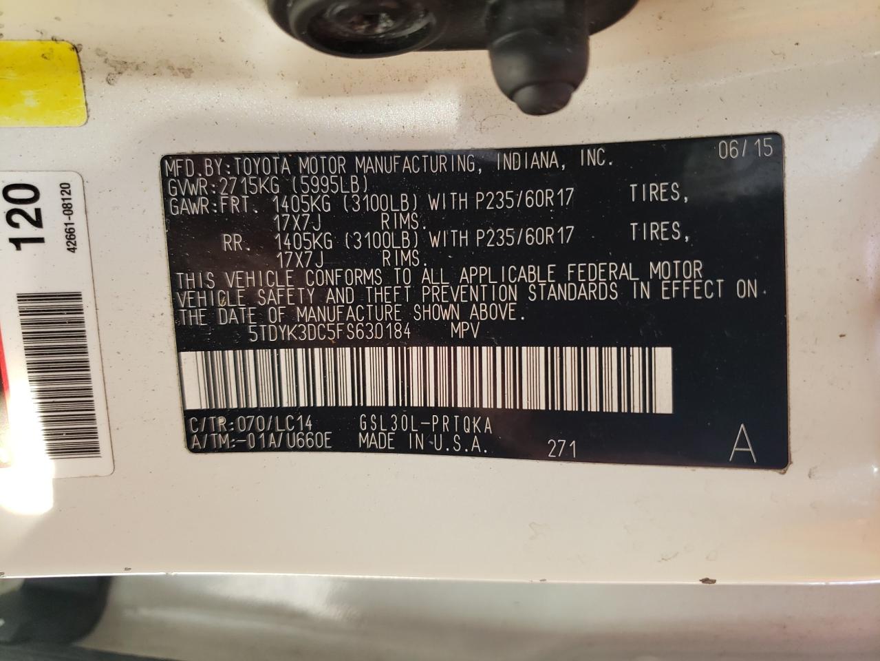 Photo 10 from auction – 2015 TOYOTA SIENNA XLE with VIN 5TDYK3DC5FS630184