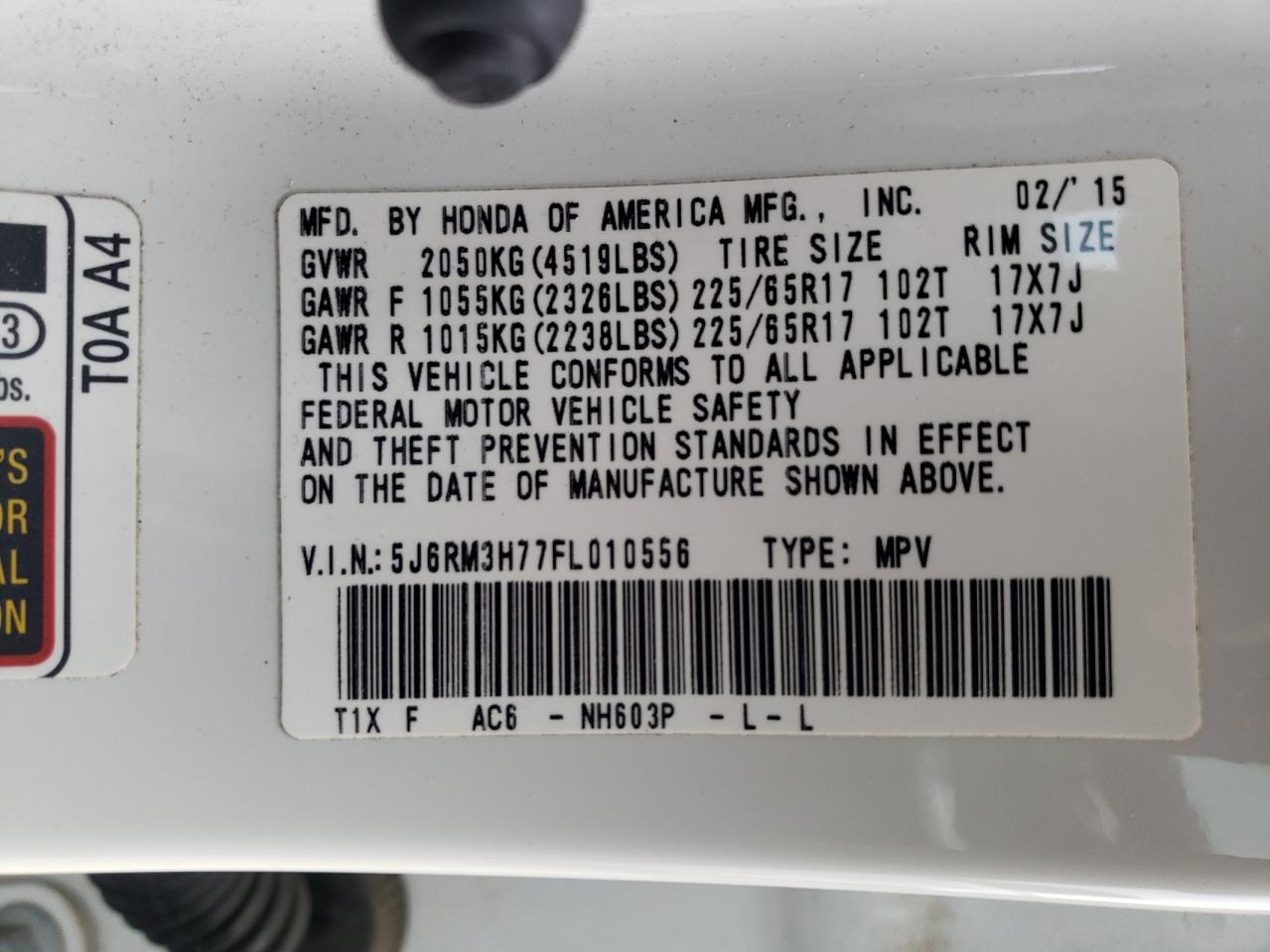 Photo 10 from auction – 2015 HONDA CR-V EXL with VIN 5J6RM3H77FL010556