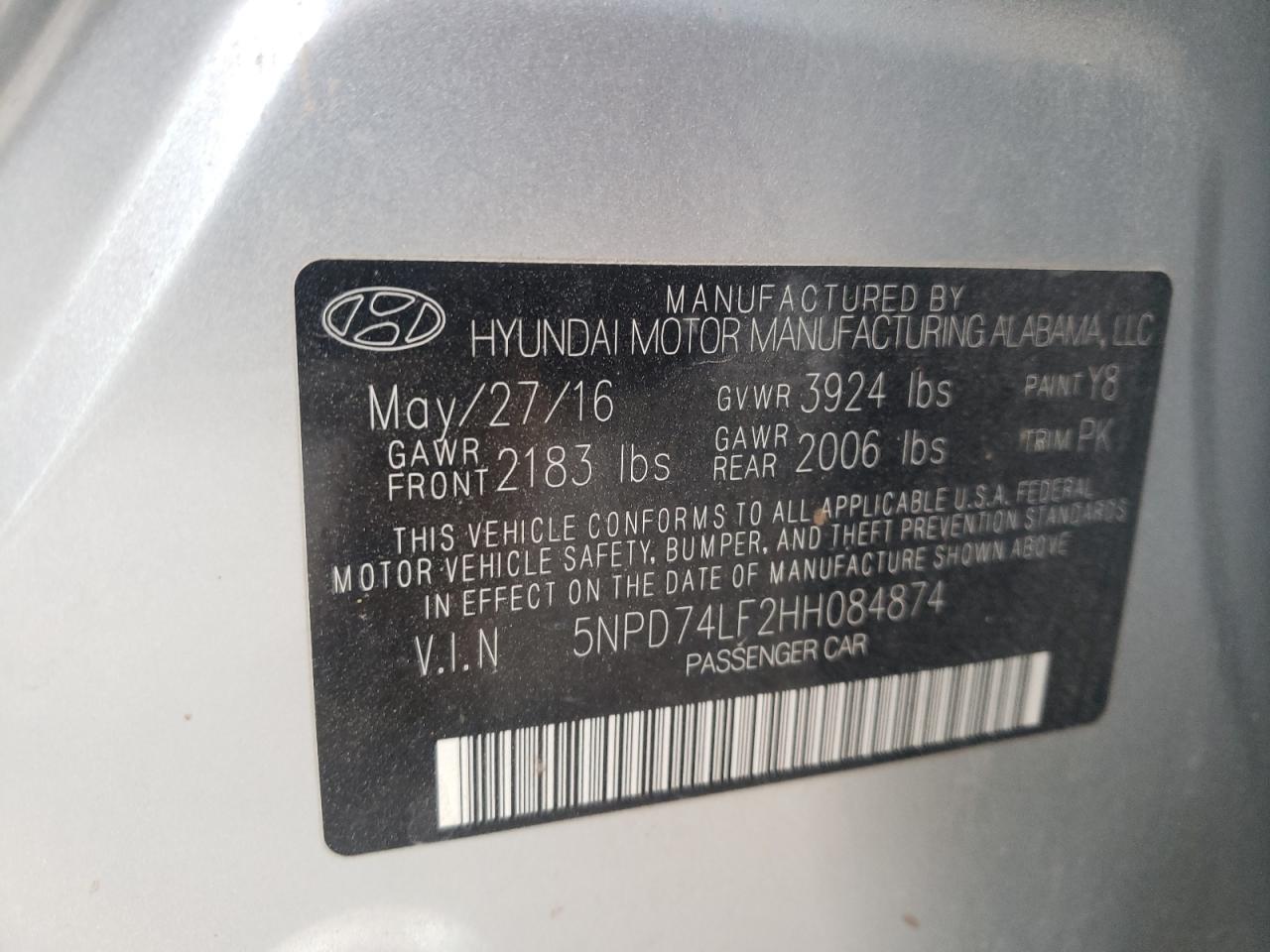 Photo 10 from auction – 2017 HYUNDAI ELANTRA SE with VIN 5NPD74LF2HH084874