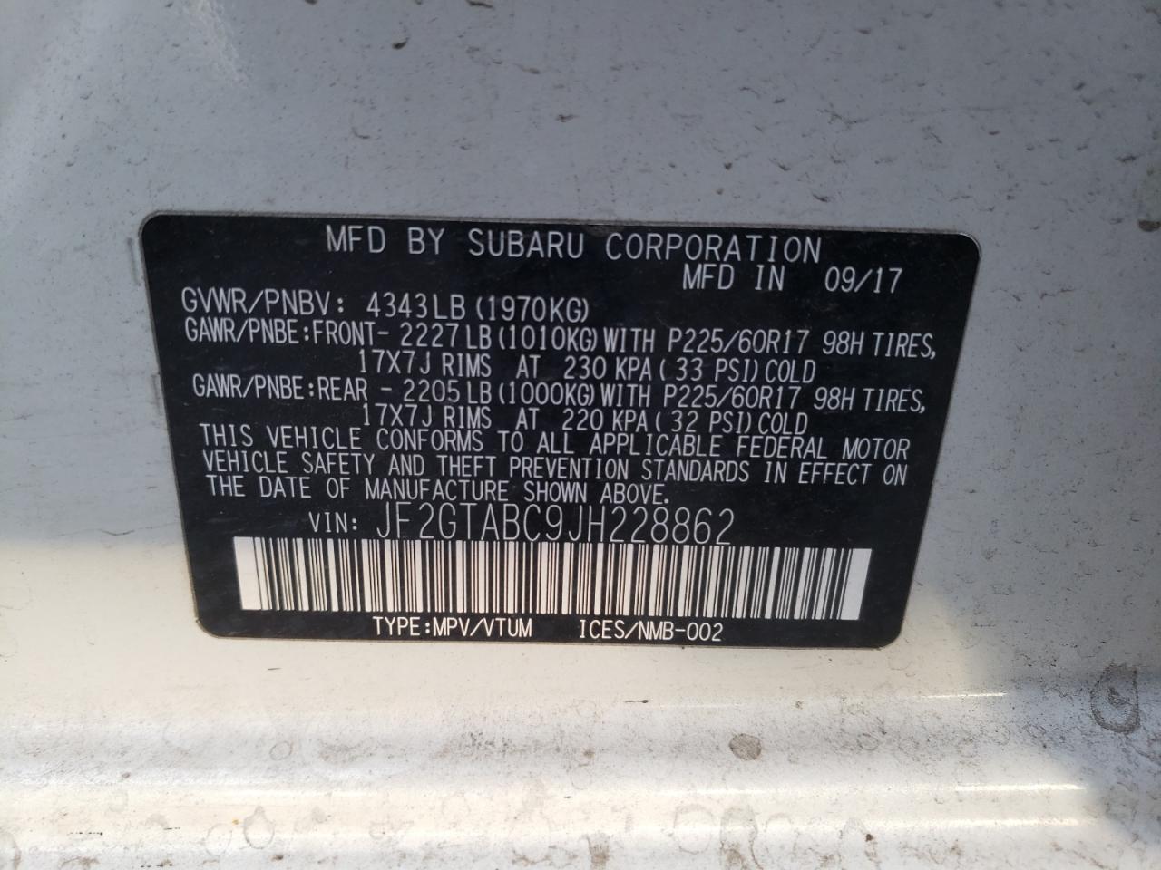 Photo 10 from auction – 2018 SUBARU CROSSTREK with VIN JF2GTABC9JH228862