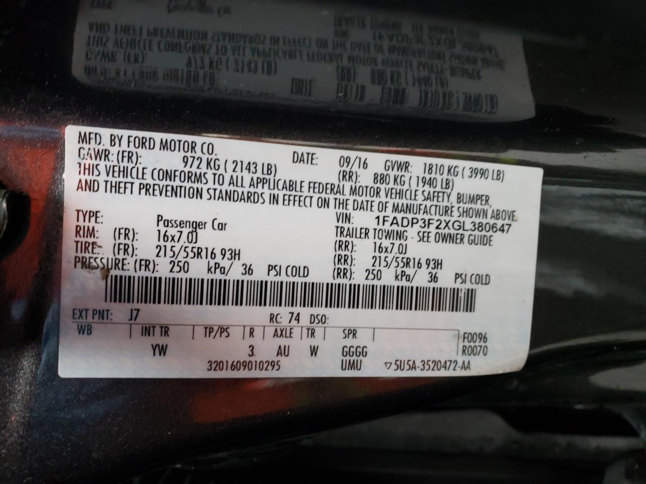 Photo 10 from auction – 2016 FORD FOCUS SE with VIN 1FADP3F2XGL380647