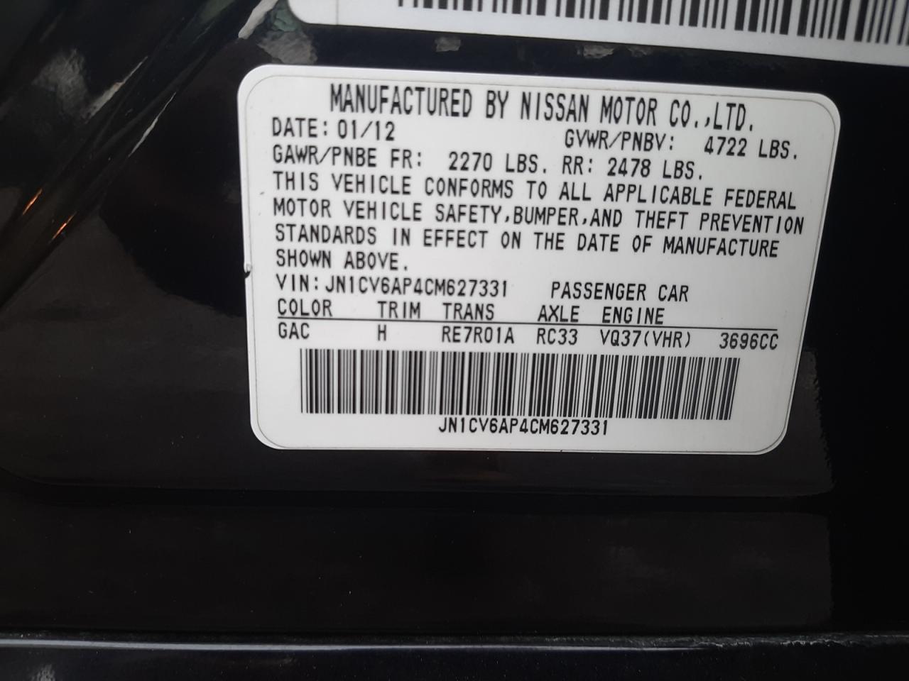 Photo 10 from auction – 2012 INFINITI G37 BASE with VIN JN1CV6AP4CM627331