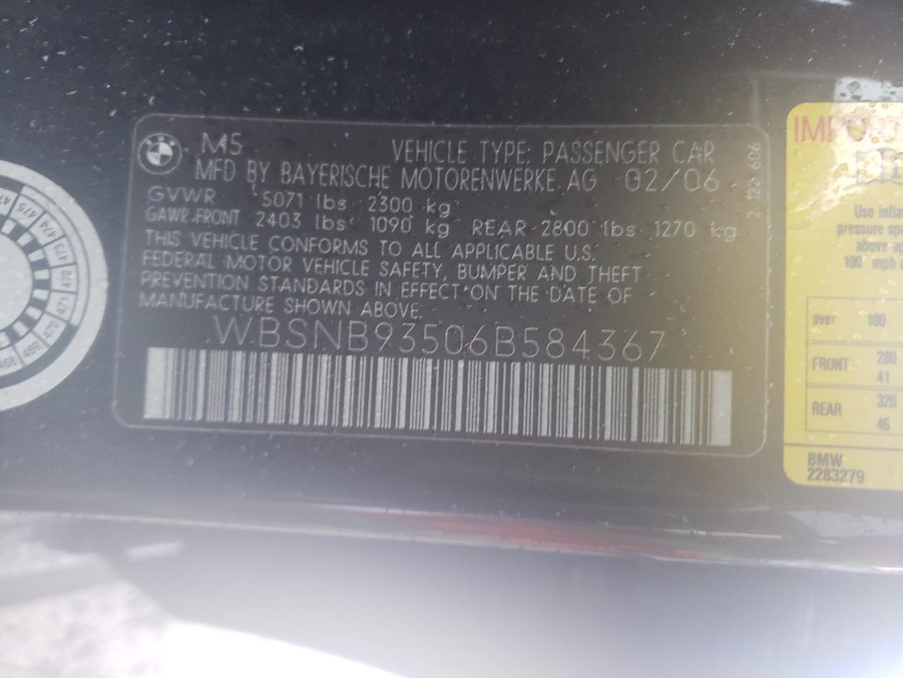 Photo 10 from auction – 2006 BMW M5 with VIN WBSNB93506B584367