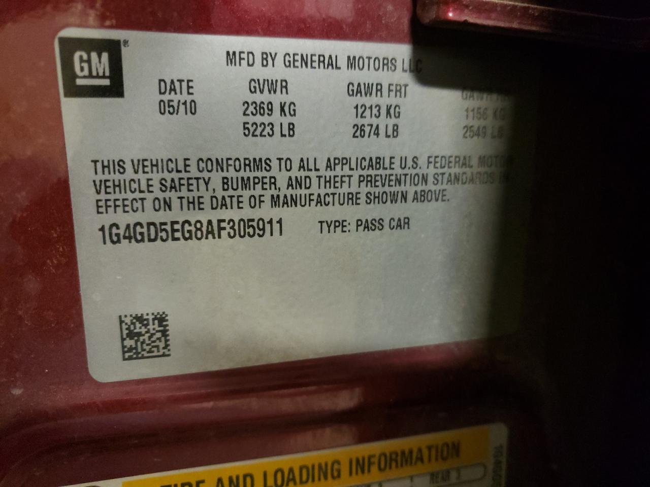 Photo 10 from auction – 2010 BUICK LACROSSE C with VIN 1G4GD5EG8AF305911