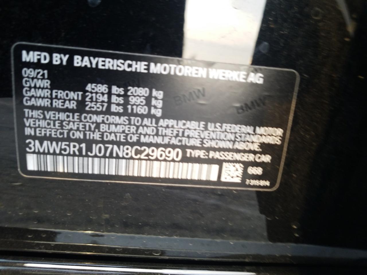 Photo 10 from auction – 2022 BMW 330I with VIN 3MW5R1J07N8C29690