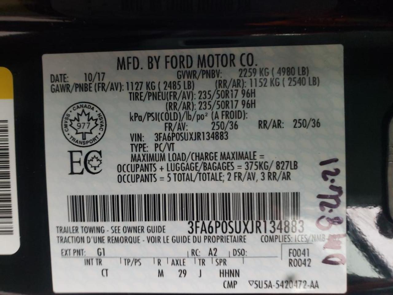 Photo 10 from auction – 2018 FORD FUSION TIT with VIN 3FA6P0SUXJR134883