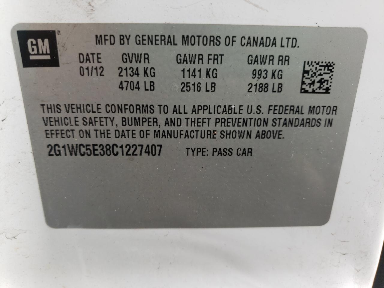 Photo 10 from auction – 2012 CHEVROLET IMPALA LTZ with VIN 2G1WC5E38C1227407