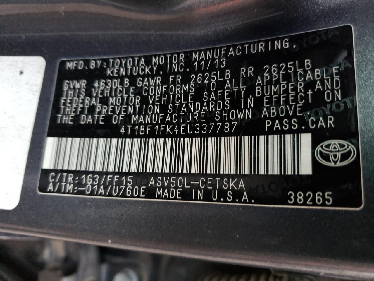Photo 10 from auction – 2014 TOYOTA CAMRY L with VIN 4T1BF1FK4EU337787