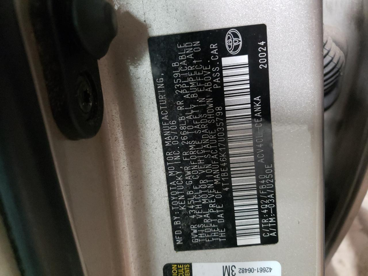 Photo 10 from auction – 2007 TOYOTA CAMRY CE with VIN 4T1BE46K17U035798