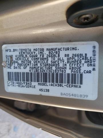 Photo 10 from auction – 2003 TOYOTA CAMRY LE with VIN 4T1BE32KX3U183703