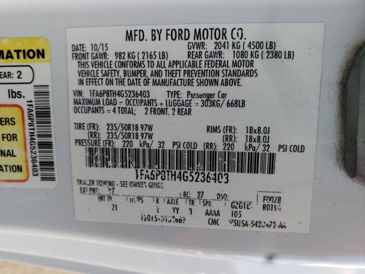 Photo 10 from auction – 2016 FORD MUSTANG with VIN 1FA6P8TH4G5236403