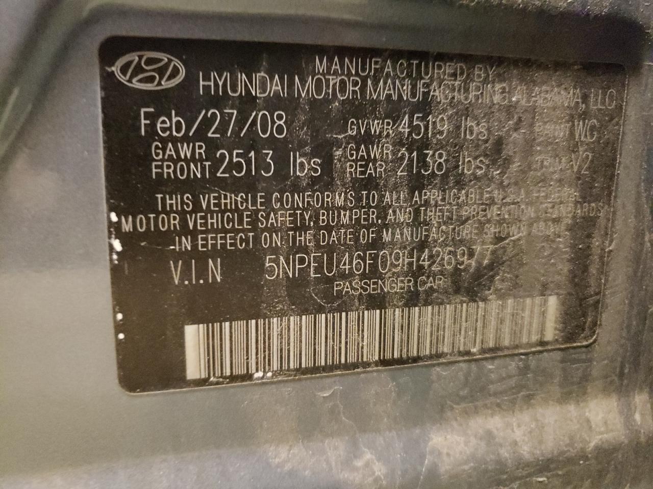 Photo 10 from auction – 2009 HYUNDAI SONATA SE with VIN 5NPEU46F09H426977