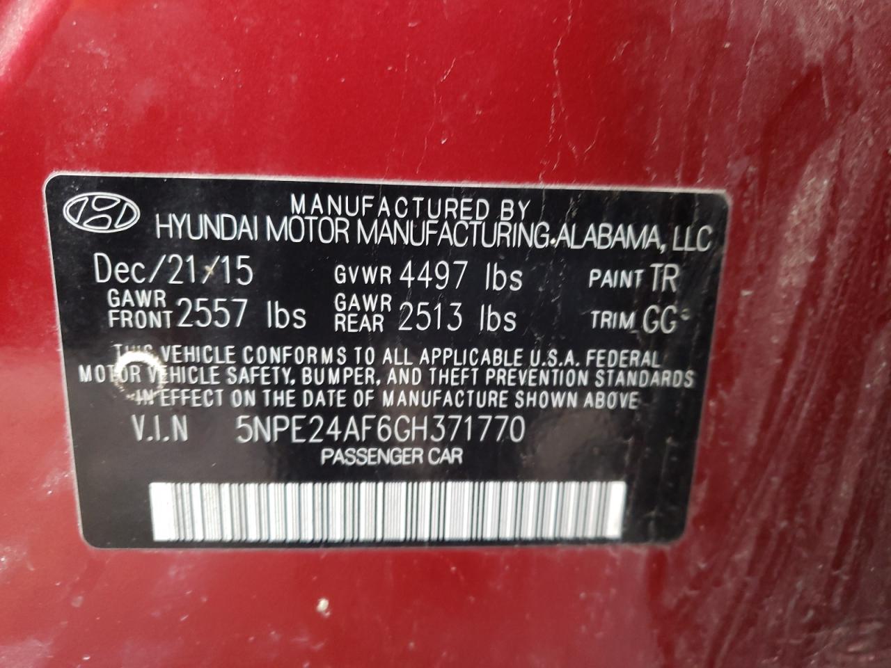 Photo 10 from auction – 2016 HYUNDAI SONATA SE with VIN 5NPE24AF6GH371770