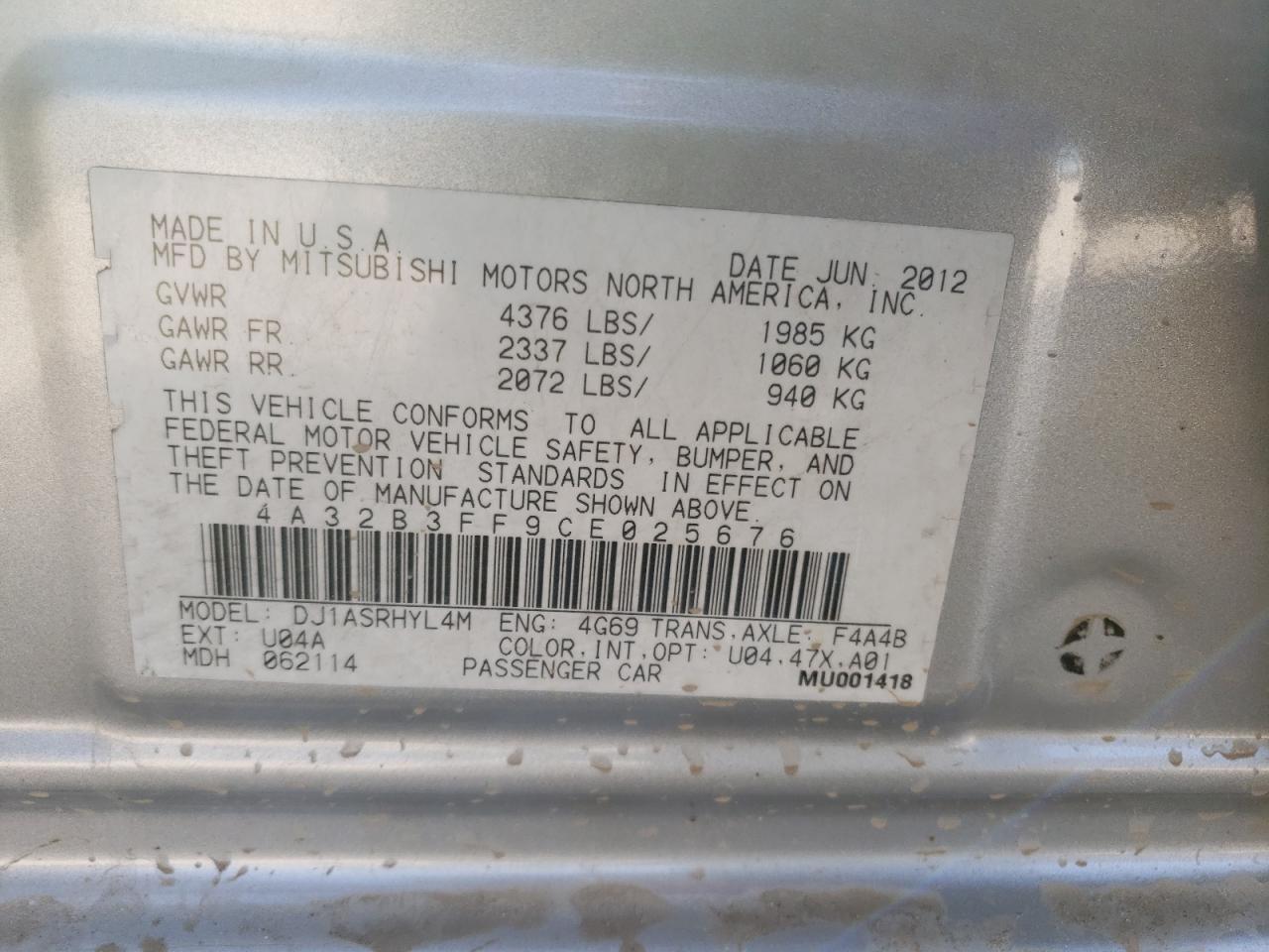 Photo 10 from auction – 2012 MITSUBISHI GALANT ES with VIN 4A32B3FF9CE025676