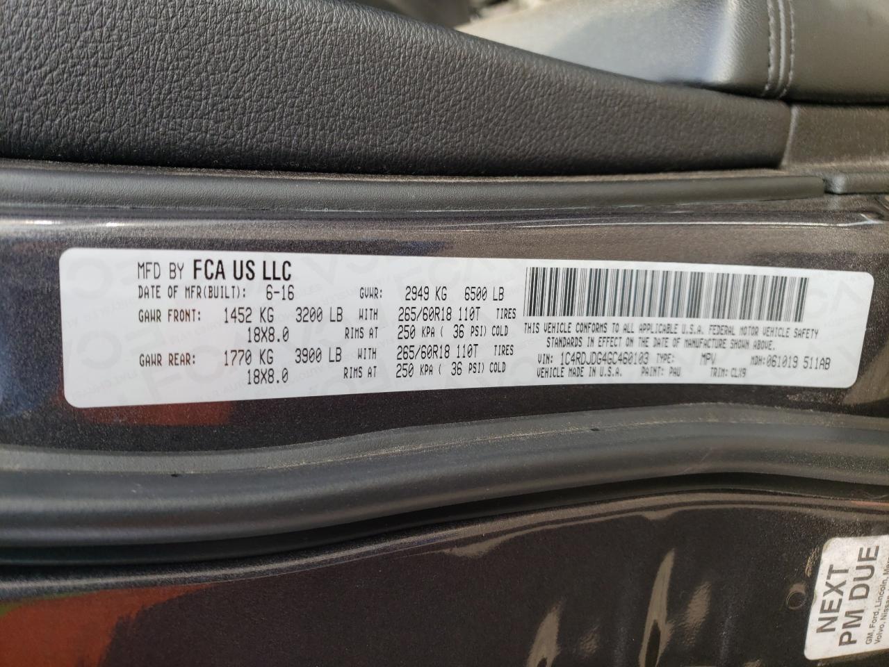 Photo 10 from auction – 2016 DODGE DURANGO LI with VIN 1C4RDJDG4GC460103