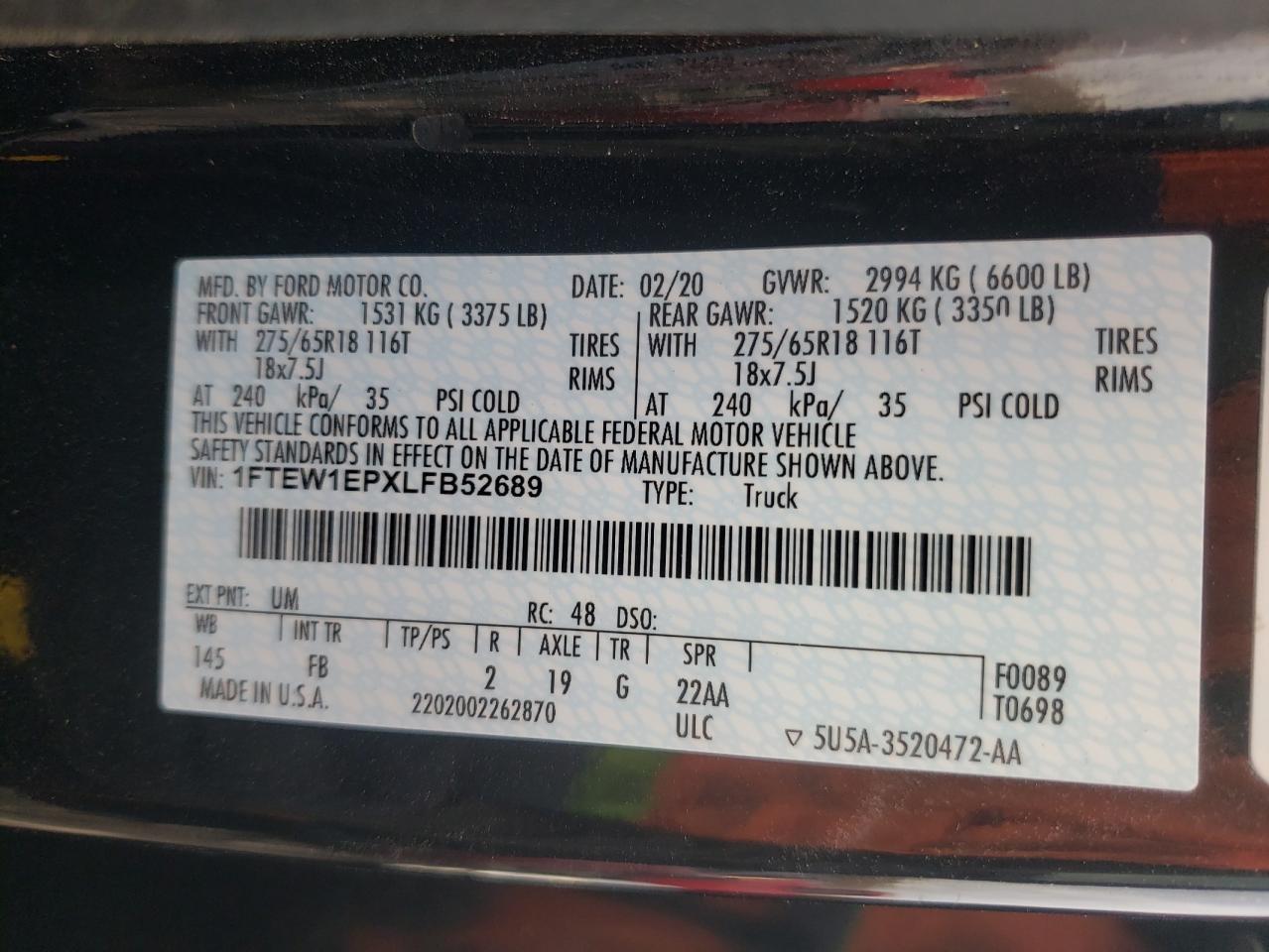 Photo 10 from auction – 2020 FORD F150 SUPER with VIN 1FTEW1EPXLFB52689