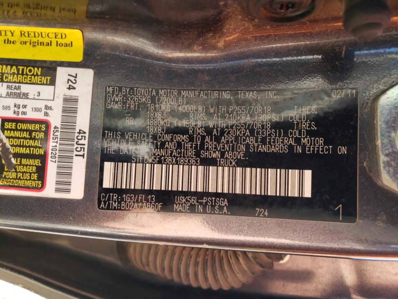Photo 10 from auction – 2011 TOYOTA TUNDRA CRE with VIN 5TFDW5F13BX189363