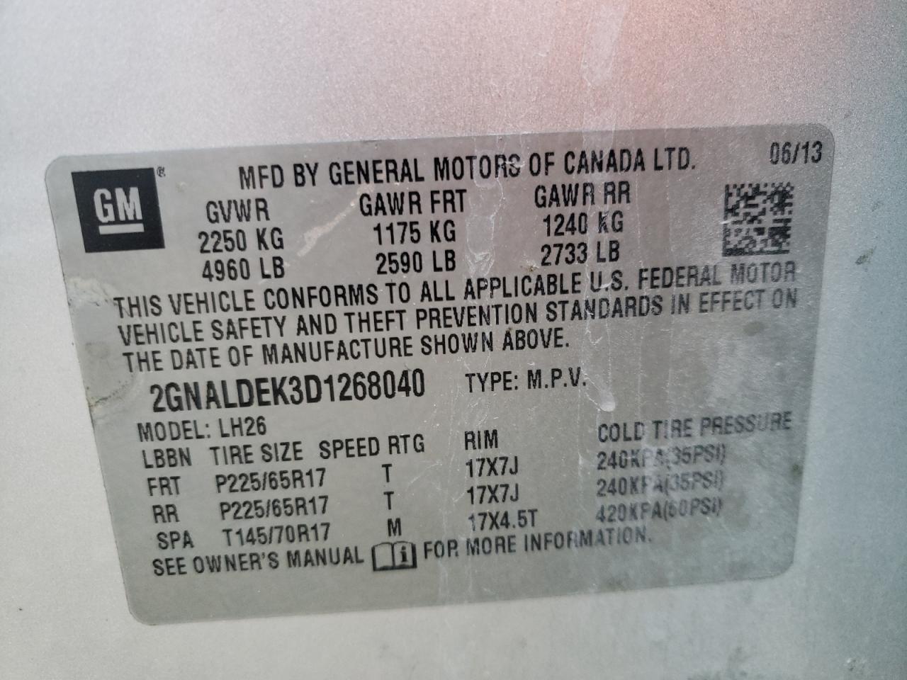 Photo 10 from auction – 2013 CHEVROLET EQUINOX LT with VIN 2GNALDEK3D1268040