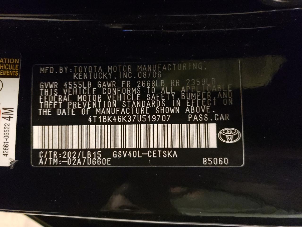 Photo 10 from auction – 2007 TOYOTA CAMRY with VIN 4T1BK46K37U519707