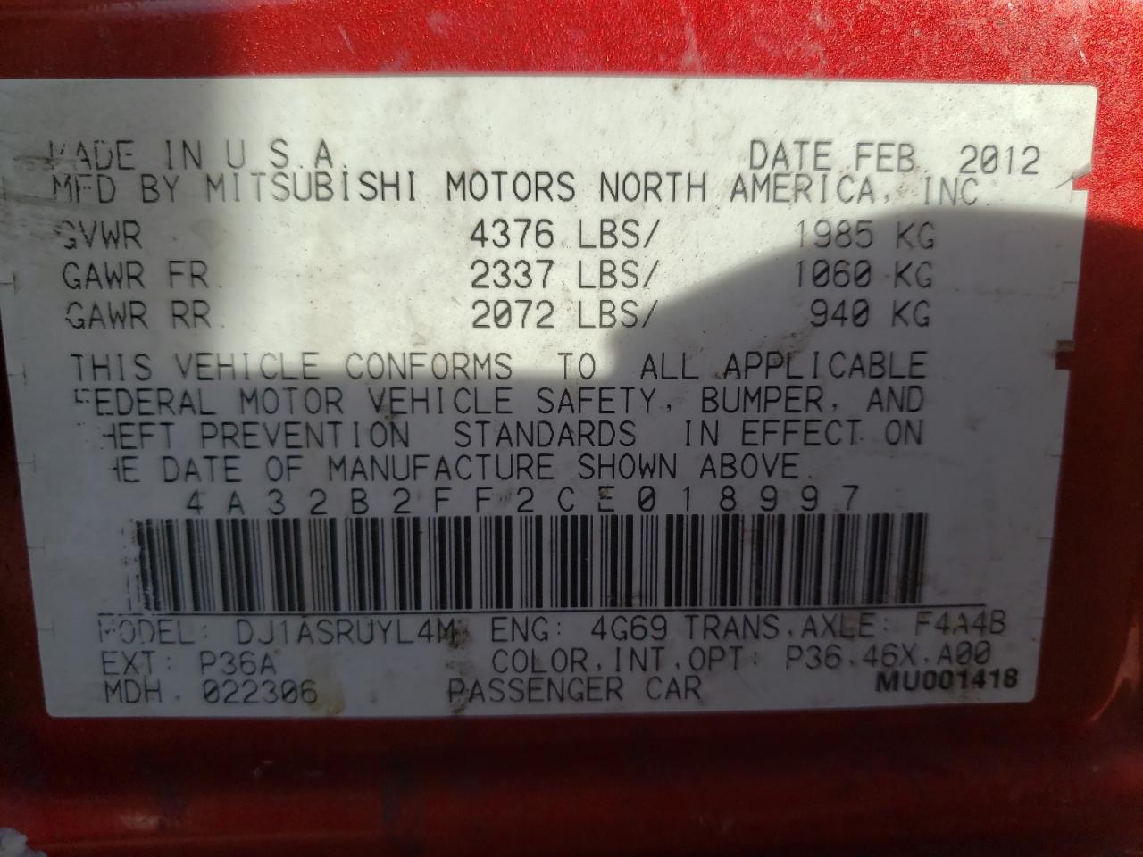 Photo 10 from auction – 2012 MITSUBISHI GALANT FE with VIN 4A32B2FF2CE018997