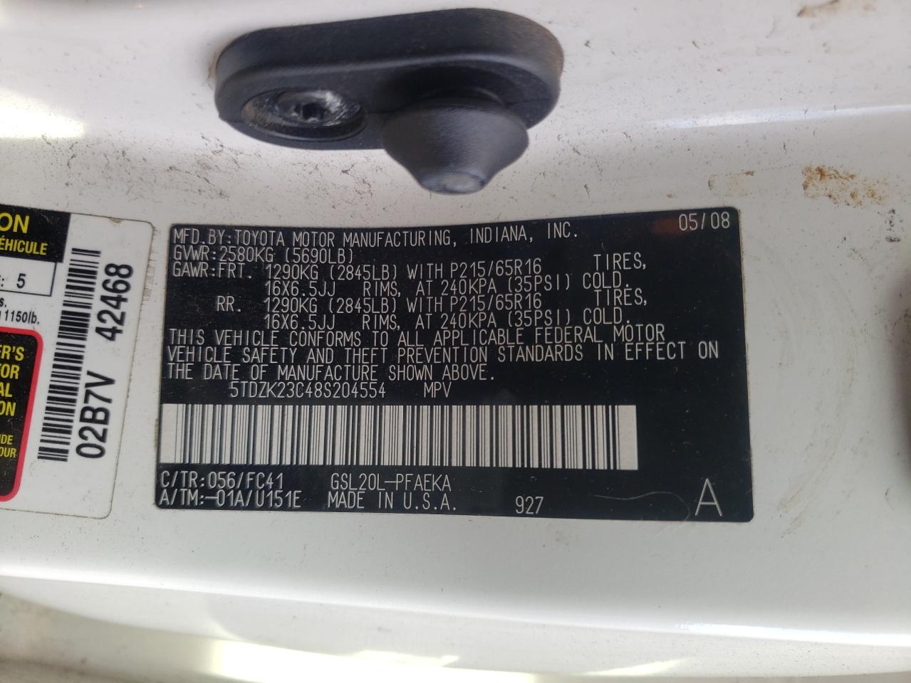 Photo 10 from auction – 2008 TOYOTA SIENNA with VIN 5TDZK23C48S204554