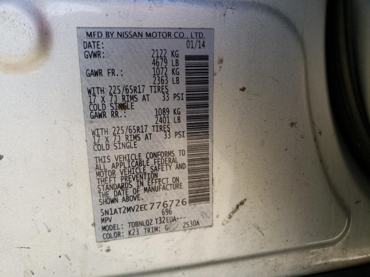 Photo 10 from auction – 2014 NISSAN ROGUE S with VIN 5N1AT2MV2EC776726