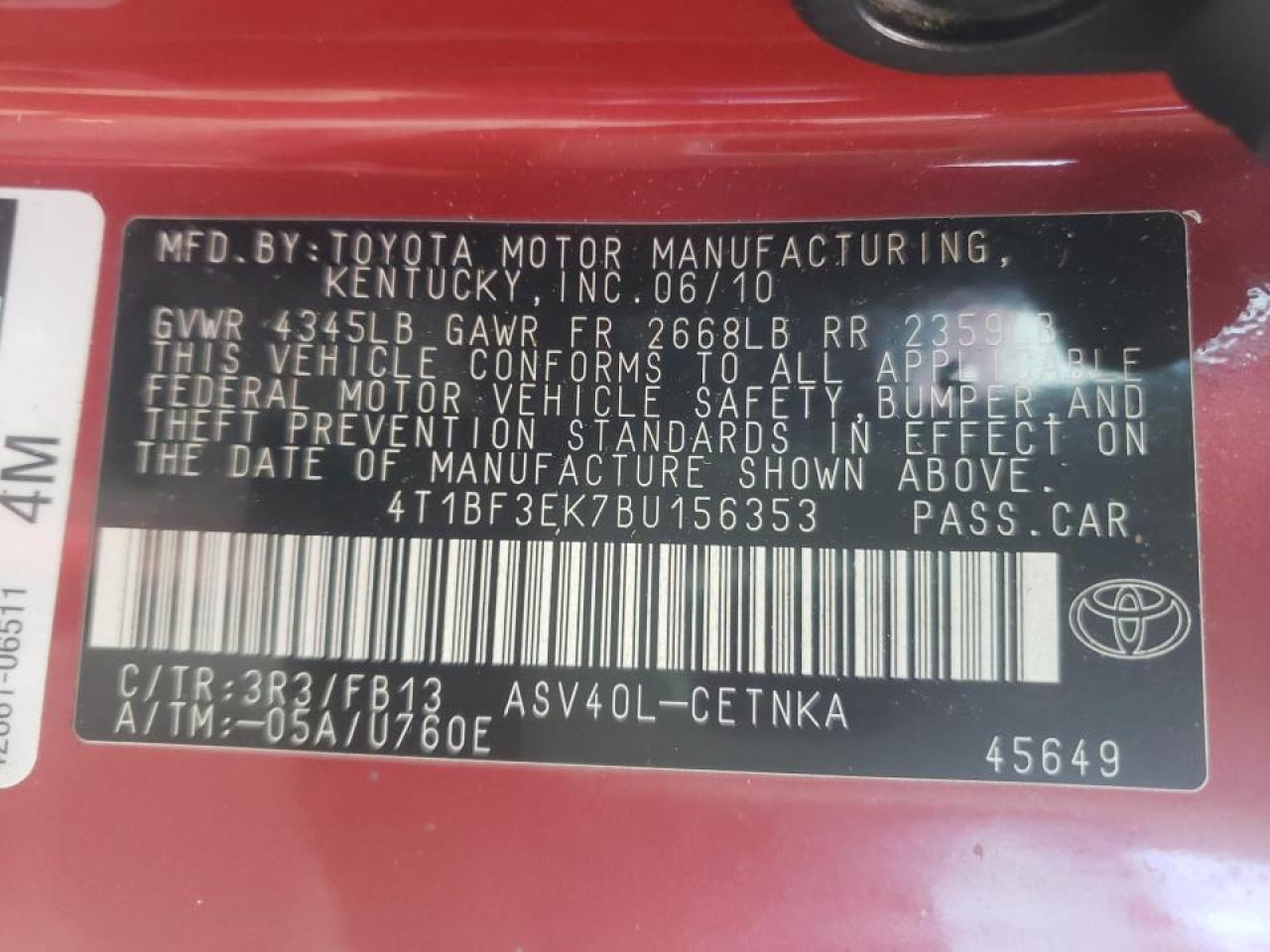 صورة رقم 10 من المزاد - 2011 TOYOTA CAMRY BASE مع VIN 4T1BF3EK7BU156353