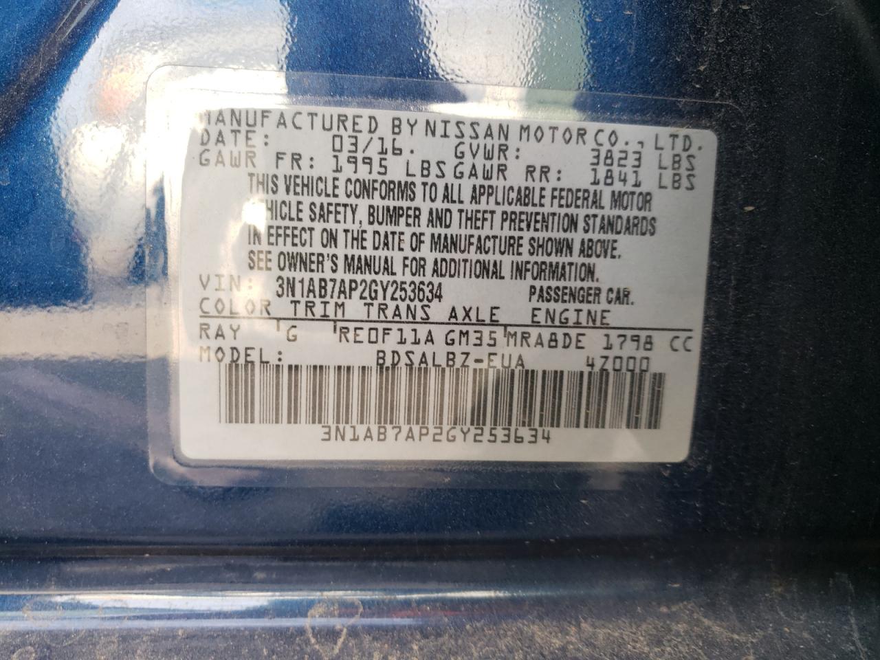 Photo 10 from auction – 2016 NISSAN SENTRA S with VIN 3N1AB7AP2GY253634