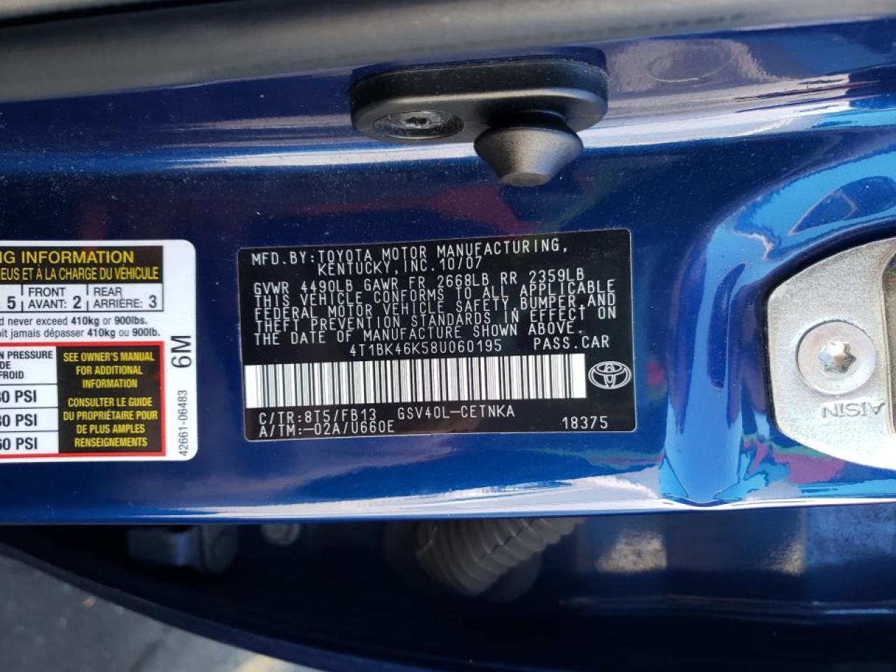 Photo 10 from auction – 2008 TOYOTA CAMRY with VIN 4T1BK46K58U060195