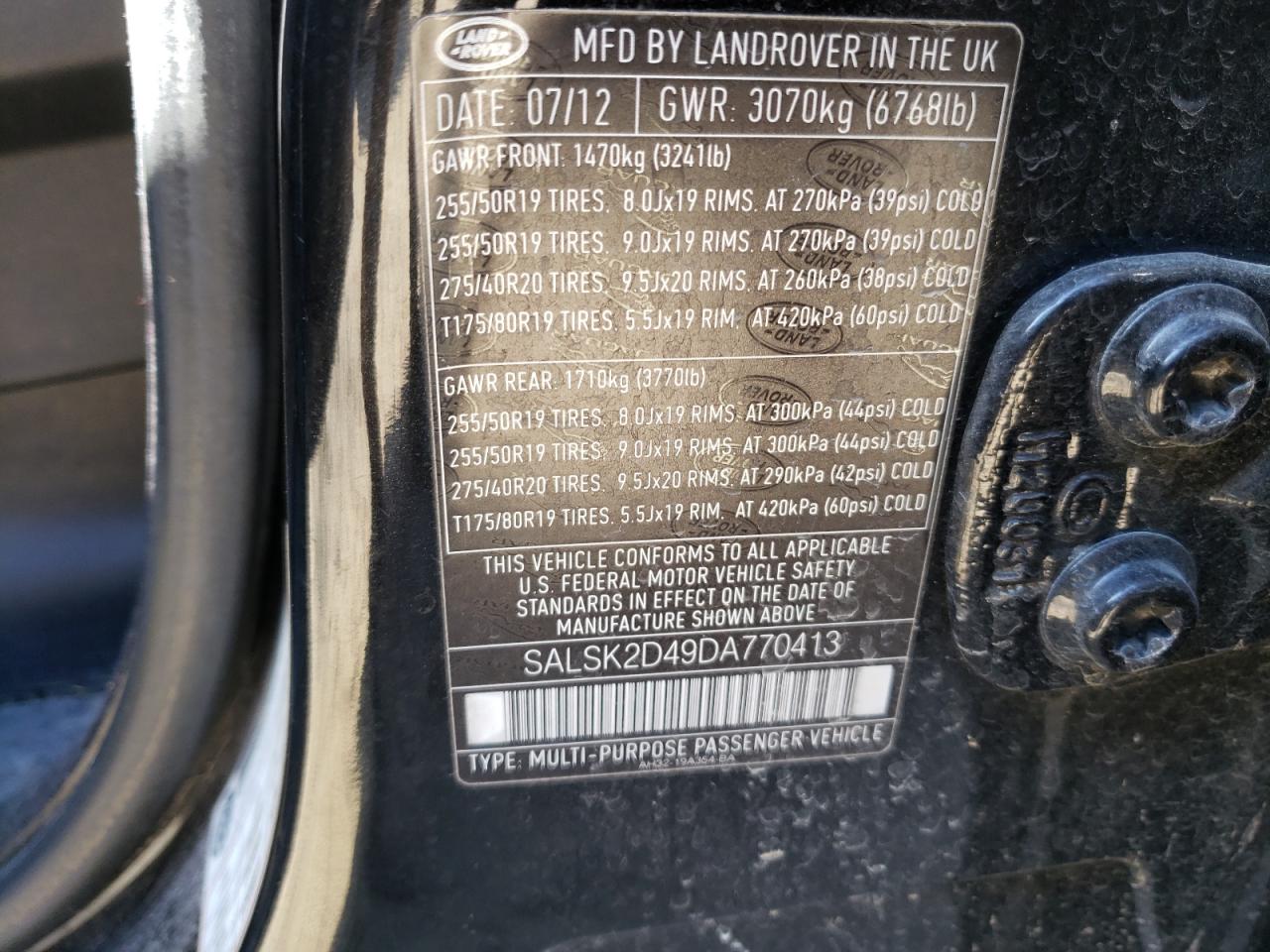 Photo 10 from auction – 2013 LAND ROVER RANGE ROVE with VIN SALSK2D49DA770413