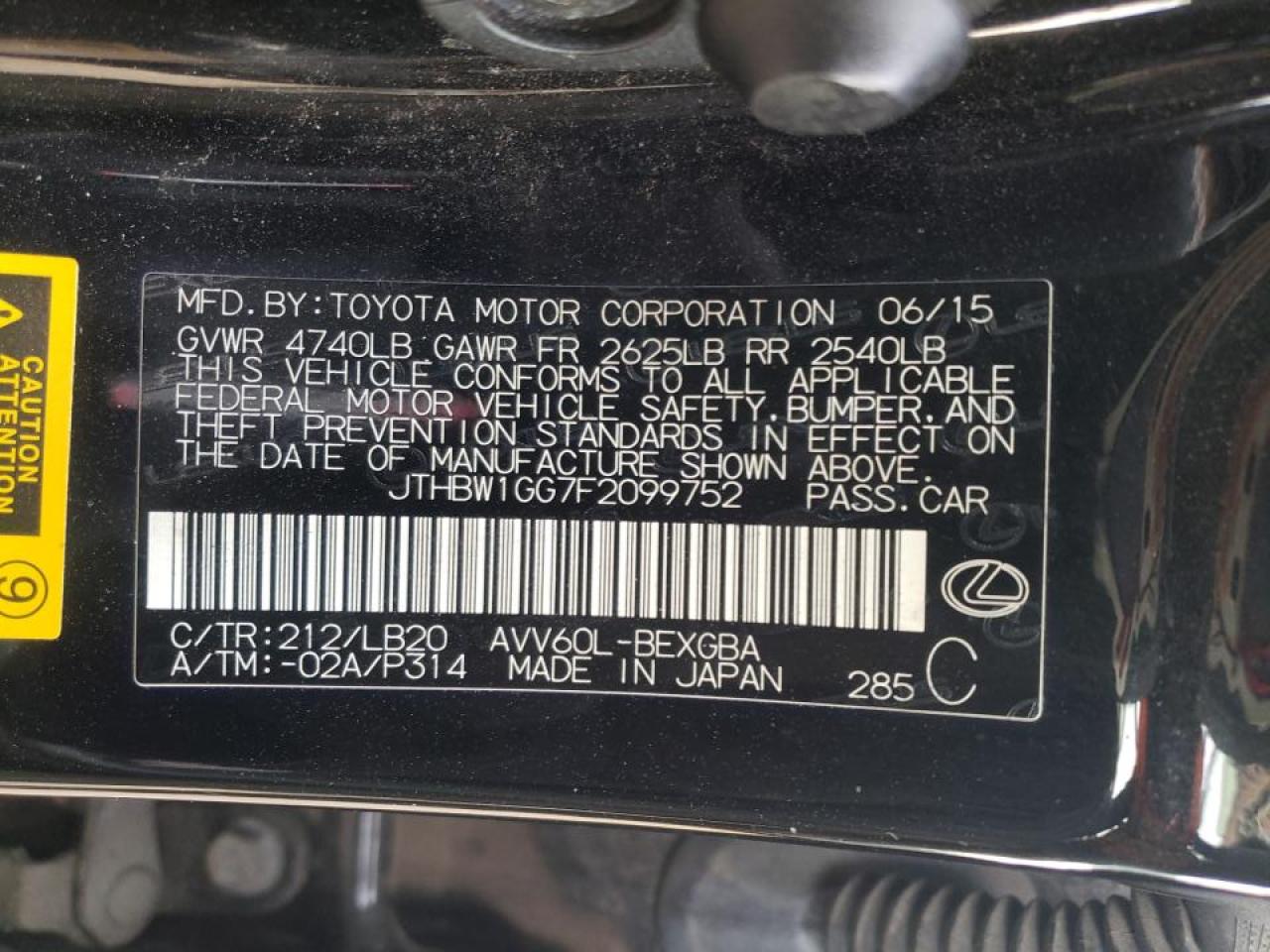 Photo 10 from auction – 2015 LEXUS ES 300H with VIN JTHBW1GG7F2099752