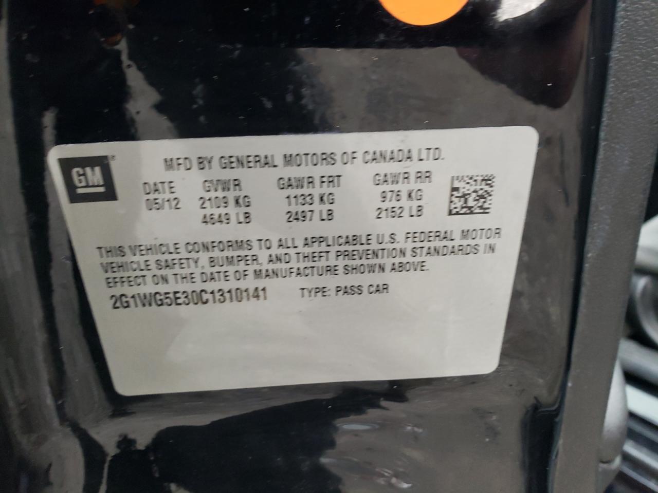 Photo 10 from auction – 2012 CHEVROLET IMPALA LT with VIN 2G1WG5E30C1310141