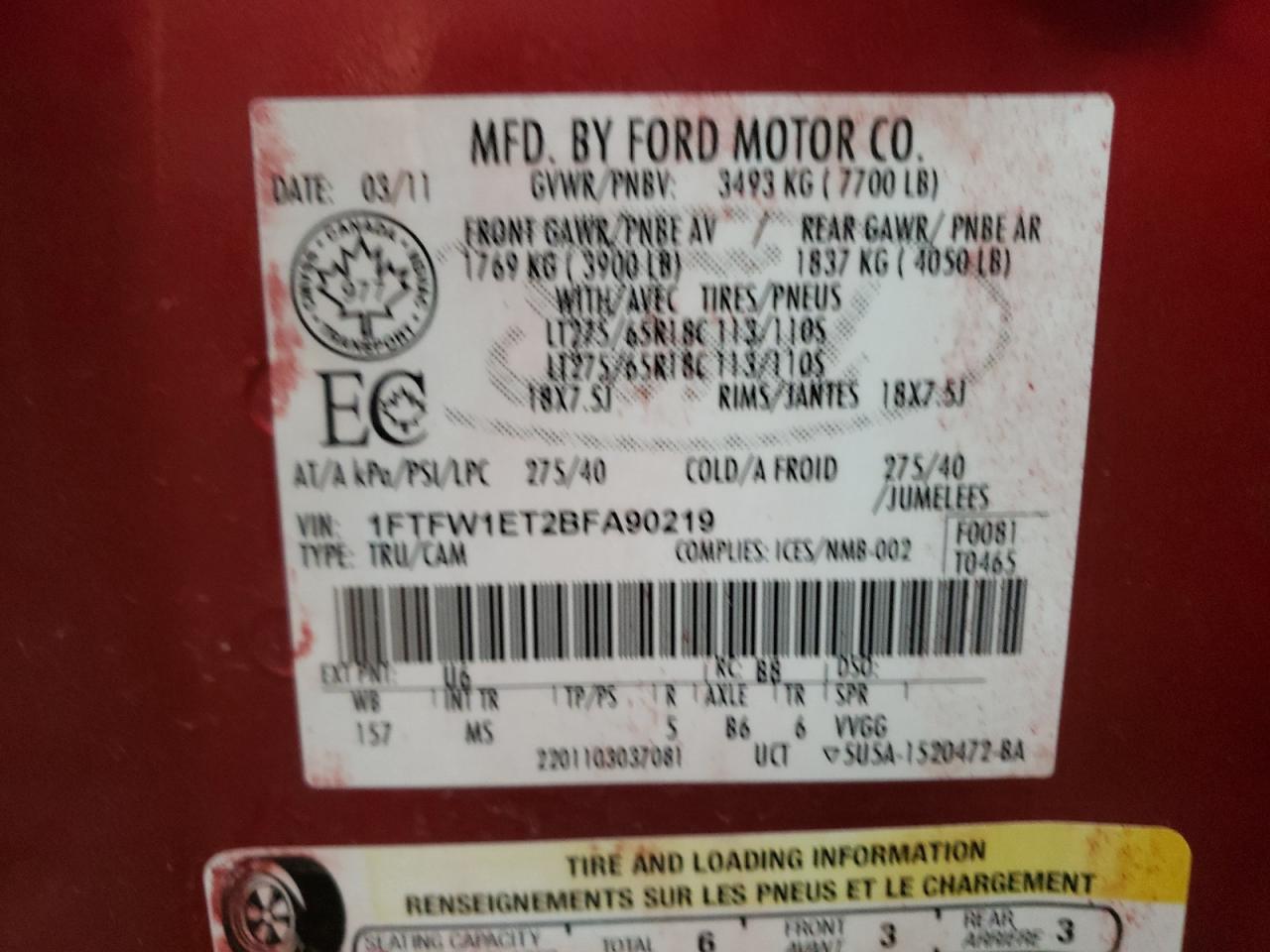 Photo 10 from auction – 2011 FORD F150 SUPER with VIN 1FTFW1ET2BFA90219