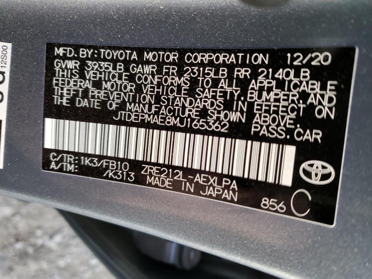 Photo 10 from auction – 2021 TOYOTA COROLLA LE with VIN JTDEPMAE8MJ165362