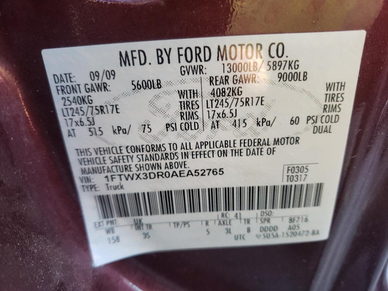 Photo 10 from auction – 2010 FORD F350 SUPER with VIN 1FTWX3DR0AEA52765