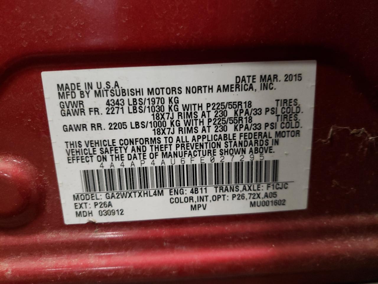 Photo 10 from auction – 2015 MITSUBISHI OUTLANDER with VIN 4A4AP4AU6FE027295