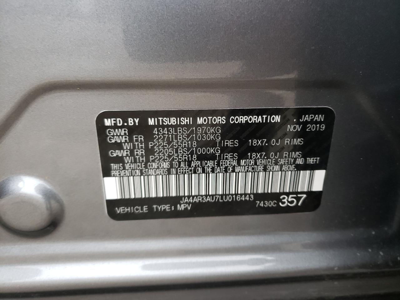 Photo 10 from auction – 2020 MITSUBISHI OUTLANDER with VIN JA4AR3AU7LU016443