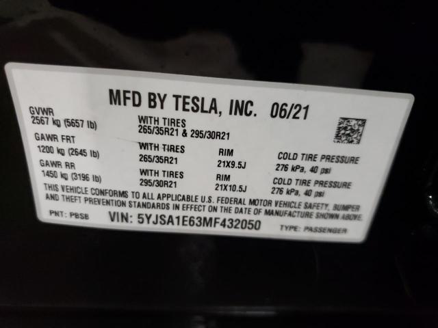 Photo 10 from auction – 2021 TESLA MODEL S with VIN 5YJSA1E63MF432050