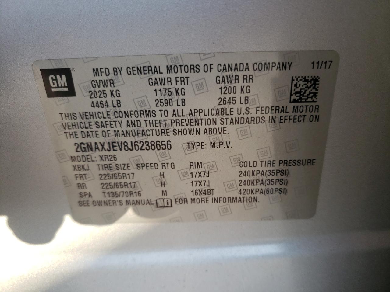 Photo 11 from auction – 2018 CHEVROLET EQUINOX LT with VIN 2GNAXJEV8J6238656