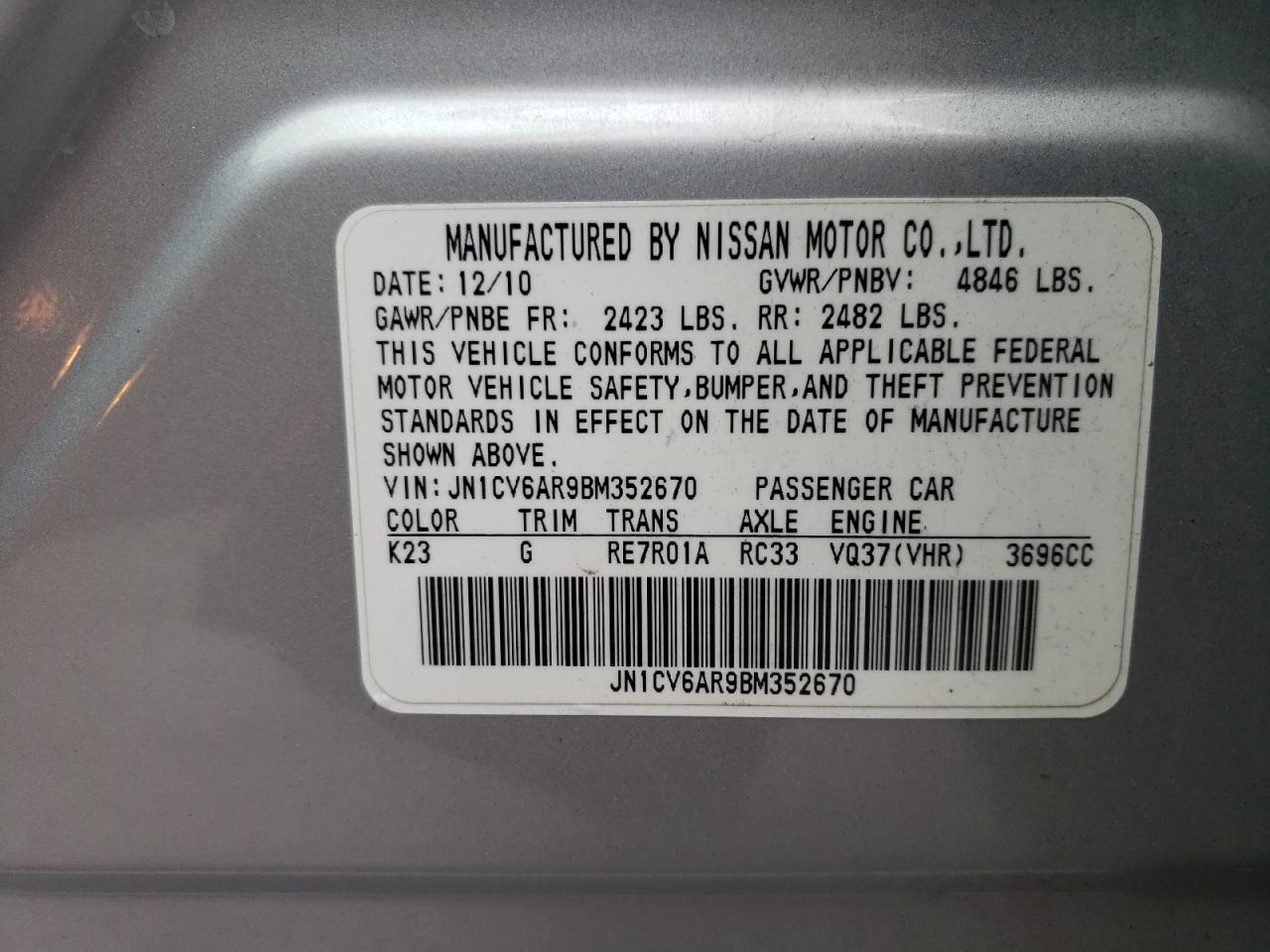 Photo 10 from auction – 2011 INFINITI G37 with VIN JN1CV6AR9BM352670