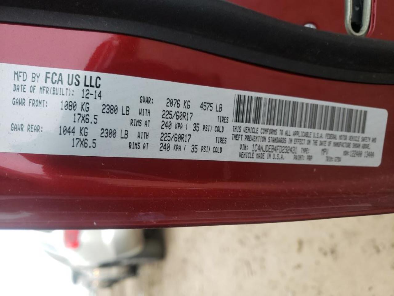 Photo 10 from auction – 2015 JEEP COMPASS LA with VIN 1C4NJDEB4FD232431