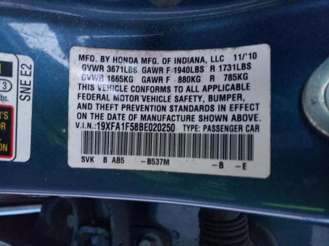 Photo 10 from auction – 2011 HONDA CIVIC LX with VIN 19XFA1F58BE020250