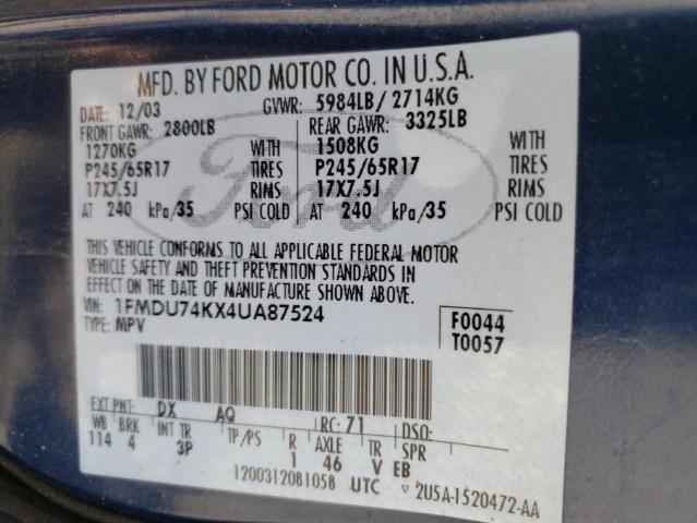 Photo 10 from auction – 2004 FORD EXPLORER E with VIN 1FMDU74KX4UA87524
