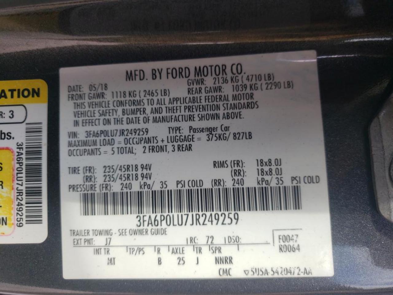 Photo 10 from auction – 2018 FORD FUSION SE with VIN 3FA6P0LU7JR249259