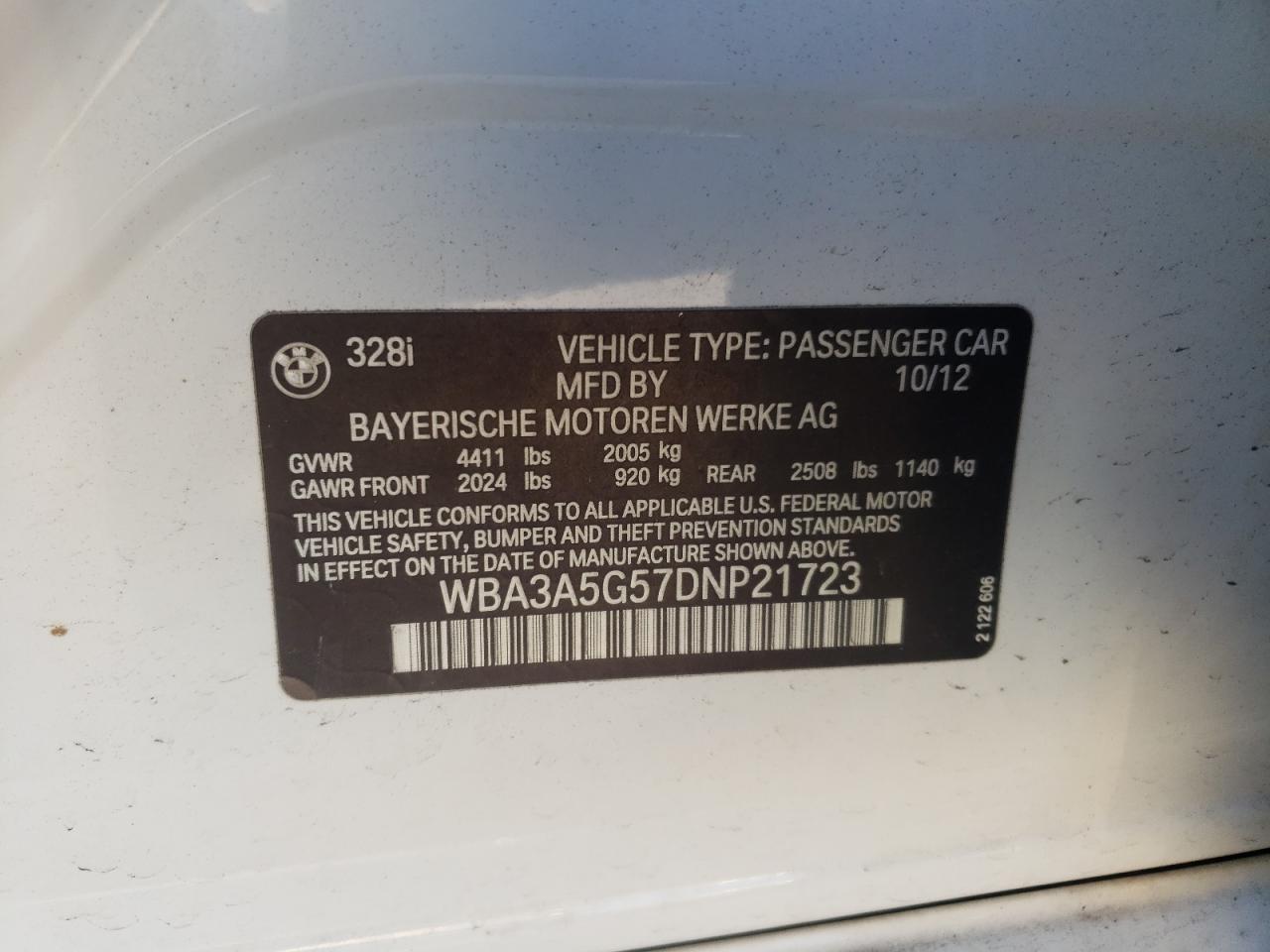 Photo 10 from auction – 2013 BMW 328 I with VIN WBA3A5G57DNP21723