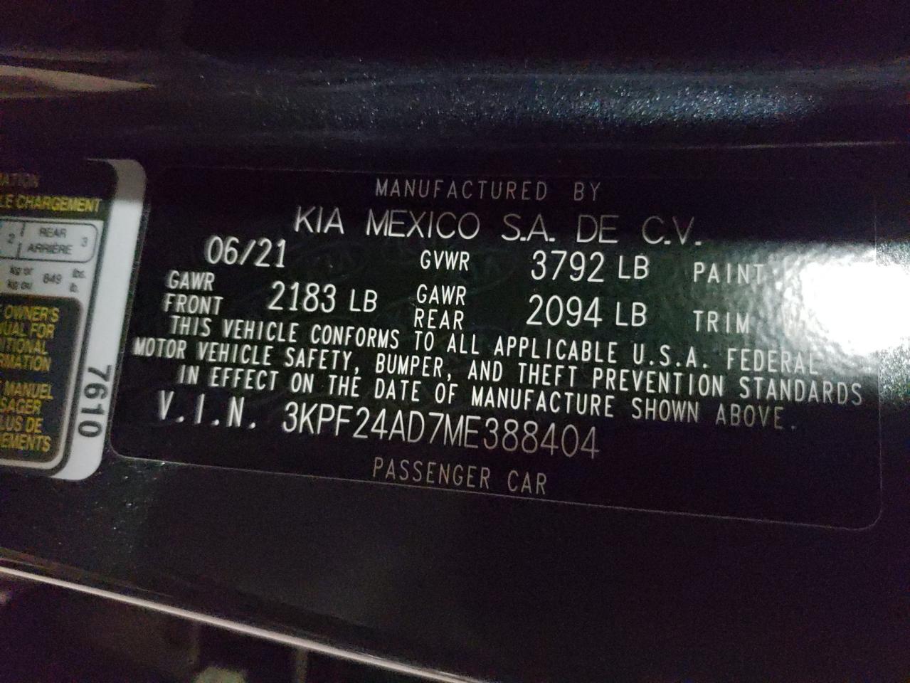 Photo 10 from auction – 2021 KIA FORTE FE with VIN 3KPF24AD7ME388404