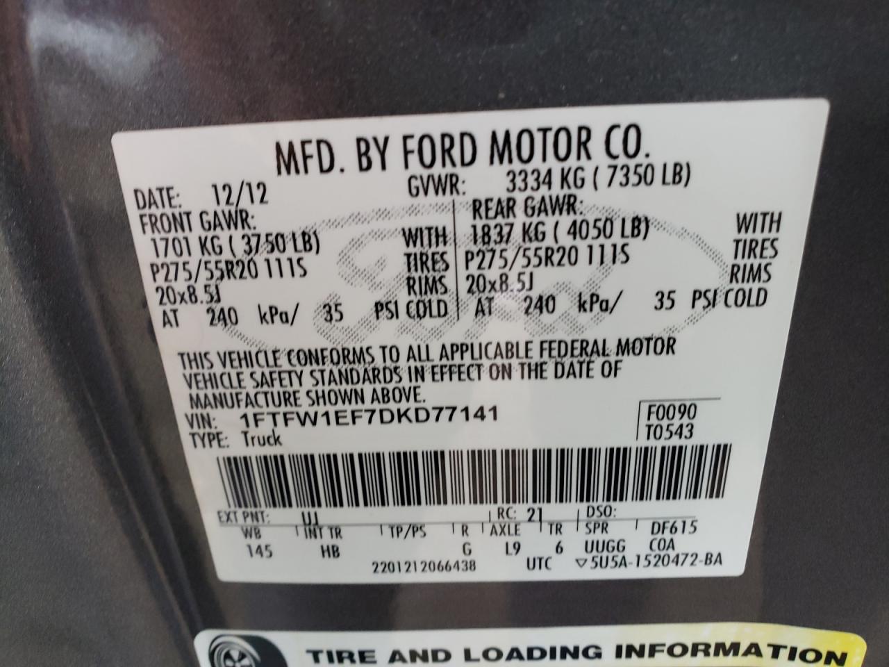Photo 20 from auction – 2013 FORD F150 SUPER with VIN 1FTFW1EF7DKD77141
