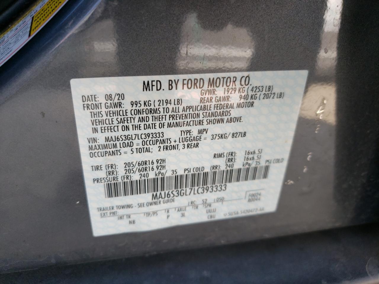 Photo 11 from auction – 2020 FORD ECOSPORT S with VIN MAJ6S3GL7LC393333