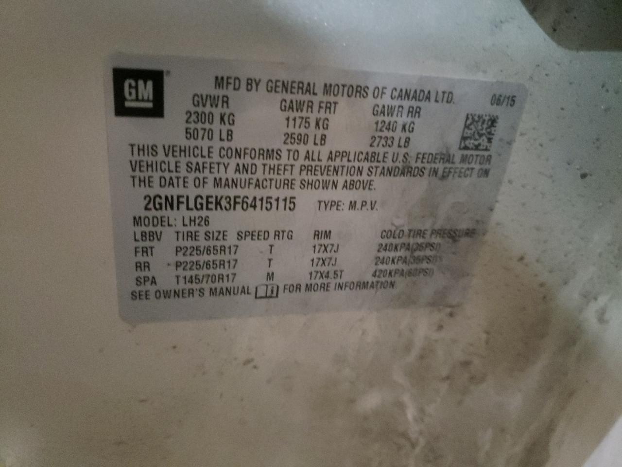 Photo 10 from auction – 2015 CHEVROLET EQUINOX LT with VIN 2GNFLGEK3F6415115