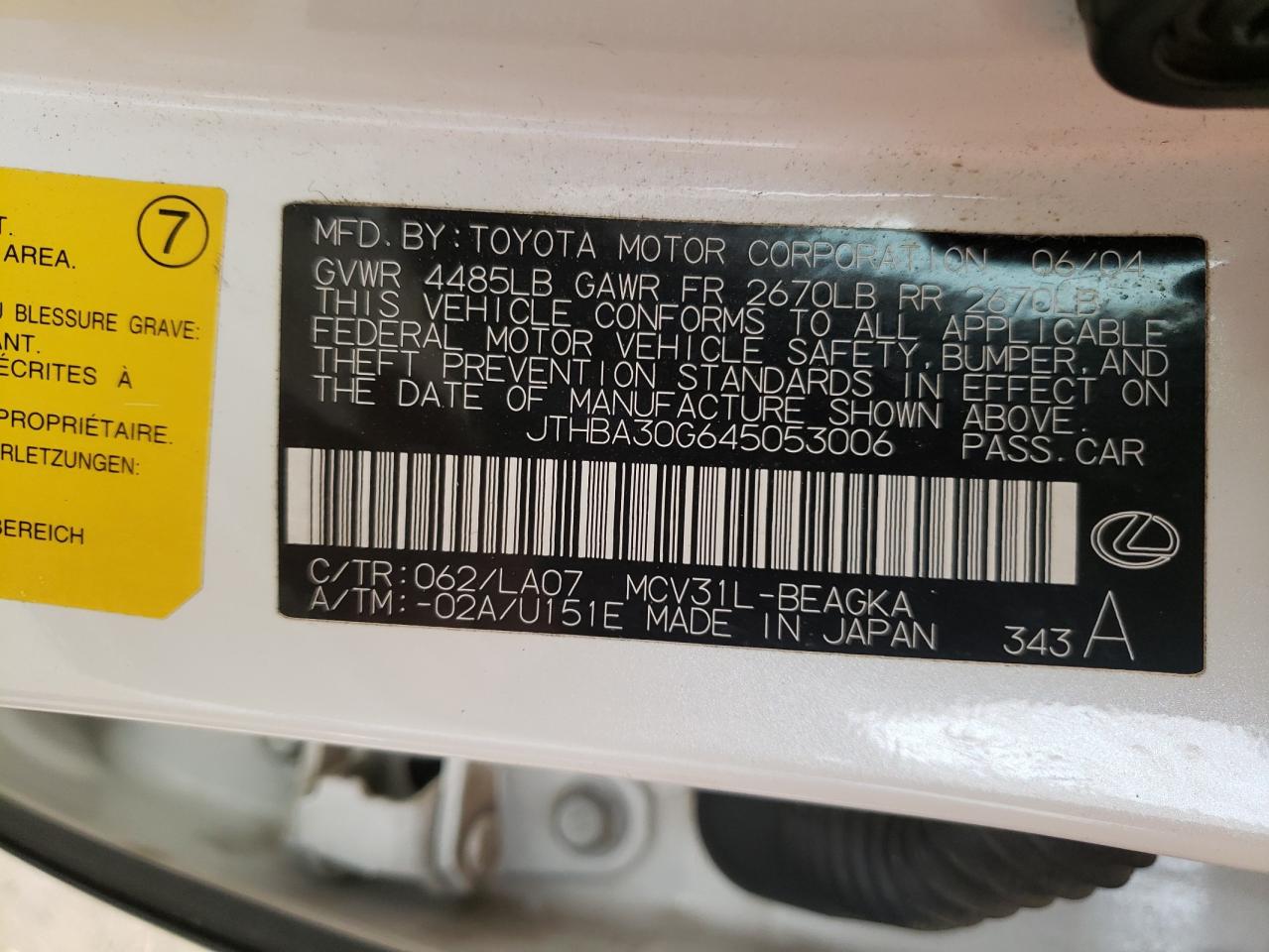 Photo 10 from auction – 2004 LEXUS ES 330 with VIN JTHBA30G645053006